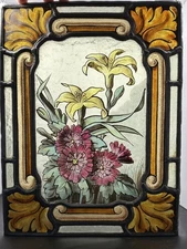 Antique Stained Glass Victorian Art Nouveau Leaded Kiln Fired Painted Window 