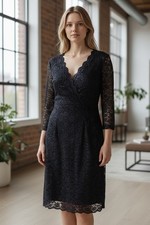 Alex Evenings Navy Sequin Lace 3/4 Sleeve V-Neck Dress Size 12