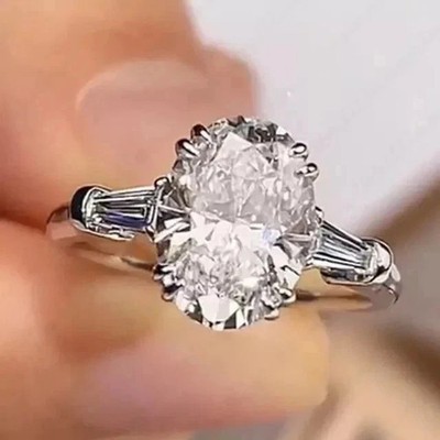 2.70 CTW Oval Cut Moissanite Three Stone Ring 14K White Gold Plated For Her