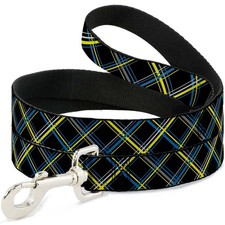 Dog Leash Plaid Black/Yellow/Turquoise/Gray WIDE 1.5"