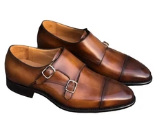 Handmade Double Monk Strap Cap Toe Brown Real Leather Dress Office Shoes For Men