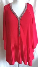 Catherine's Tunic Top Red 2x Accordion Pleats Beaded Trim Bell Sleeve