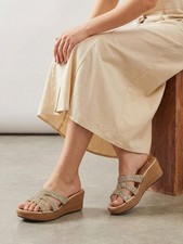 Womens Wedge Sandals Slip-On Diamante Strappy Comfortable Evening Wedding Party