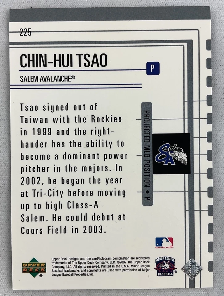 2002 Upper Deck Minor League Baseball Card#225-CHIN-HUI TSAO, Salem Avalanche - Image 2 of 2