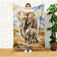 Elephants and Calf Mountain Watercolor Coral Fleece Blanket