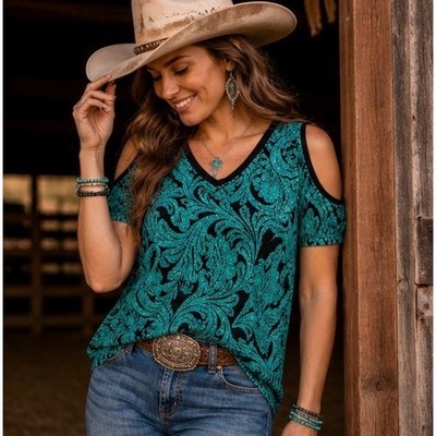 Crazy Train Cow Town Top Womens Medium Teal Black Western Cold Shoulder Paisley
