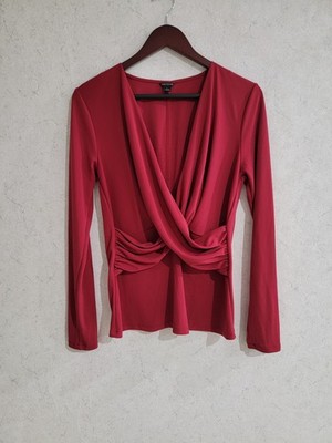 Ann Taylor Womens Faux Wrap Top Red Size Large Long Sleeve Shirt Date Night 