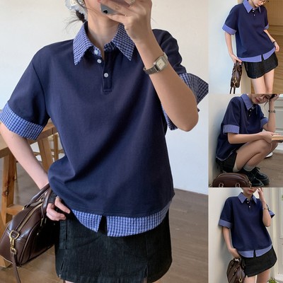Womens Comfortable Fake Two Piece Tops in Attractive Dark Blue Plaid Style