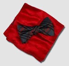 55 Alfani Men's Gray Red Plaid Adjustable Bow Tie Pocket Square Set