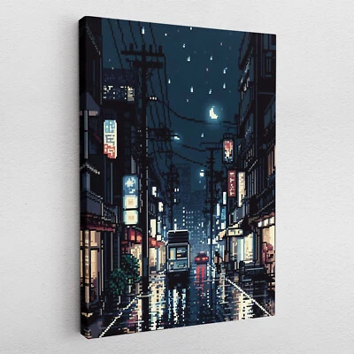 Leinwandbild Poster Acryl Glas Pop-Art Pixel Town bei Nacht Manga Anime Gemälde - Bild 1 von 4