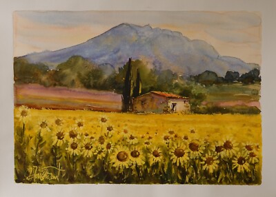 Large original watercolor painting signed by renowned artist - Provence - 30x22