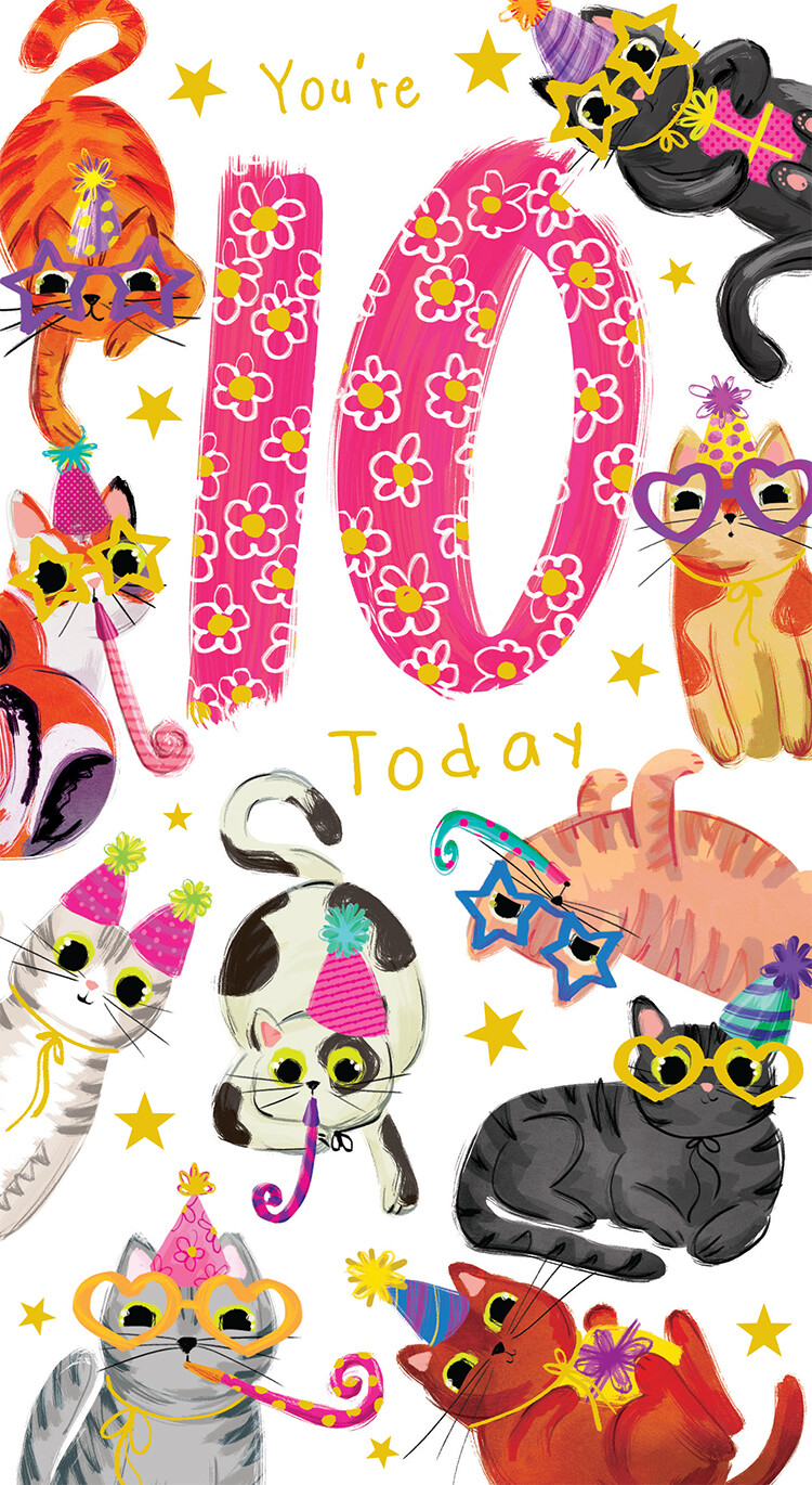 Age 10 Female 10th Birthday Card Cats 9"" x 5"" Lovely Verse
