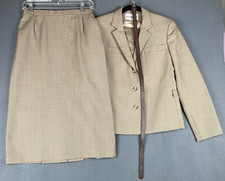 VTG Jones New York 2PC Skirt Suit Sz 10 Tan Check Belt Wool Lined Midi Pencil