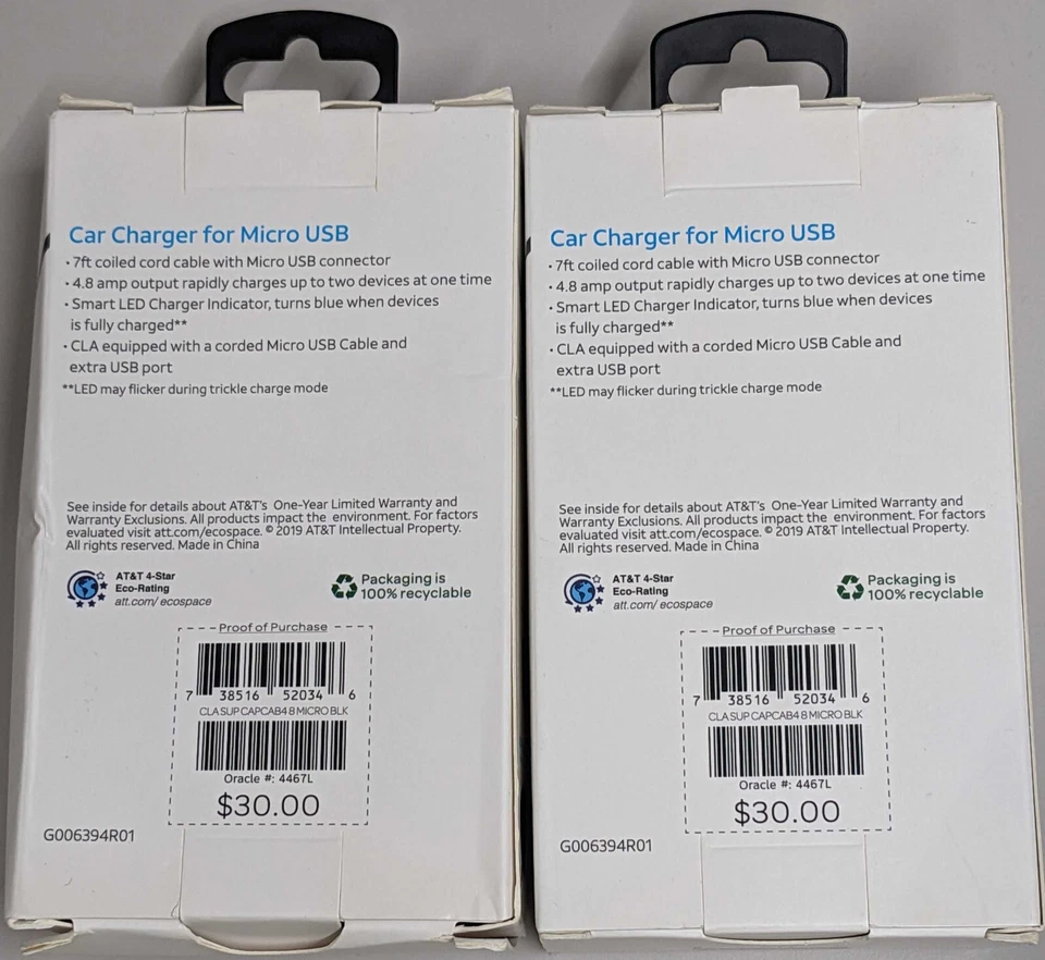 AT&T FAST Micro-USB 7FT Coiled Car Charger w/ EXTRA USB Port for Samsung 2 Pack - Image 2 of 2