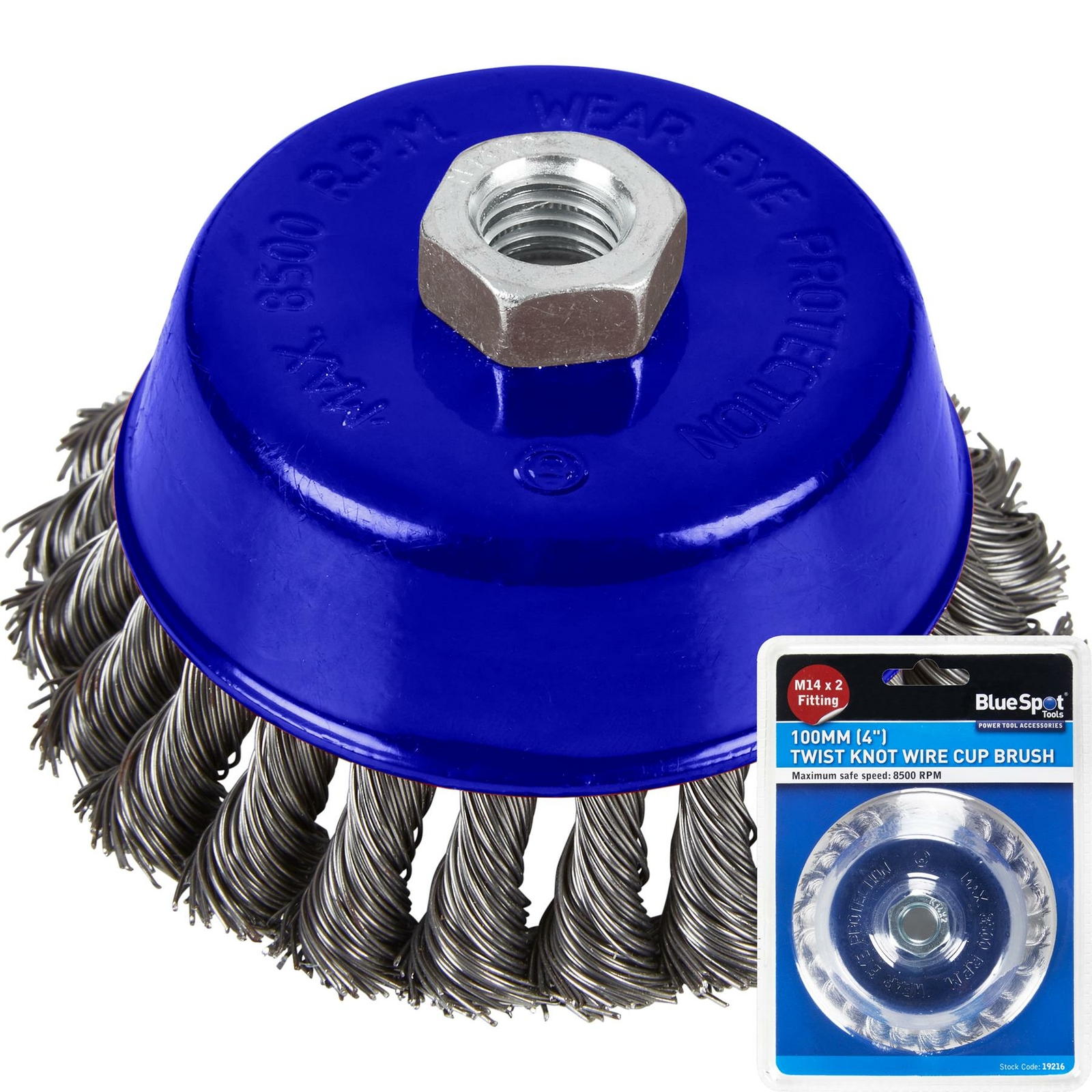 BlueSpot Twist Knot Wire Cup Brush Rust Paint Removal M14 x 2 100mm 4""
