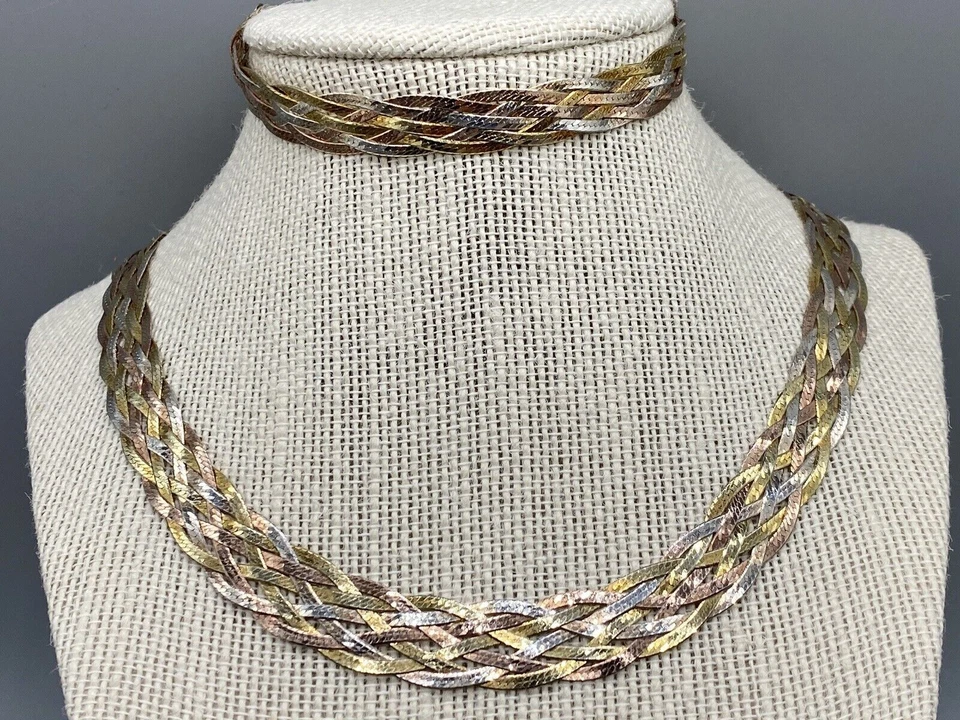 Italia 925 Plata Vermeil Multicolor Trenzado Multi Hilo Collar y Pulsera Conjunto Foto 2 de 4