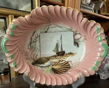 Antique H&C Limoges Oval Sea Shell Hand Painted Bowl Coral Signed Boat Clam Gold