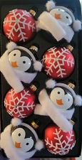 Winter Wonder Lane PENQUINS & SNOWFLAKES 3" Glass Set 8 Ornaments w/Earmuffs NIB