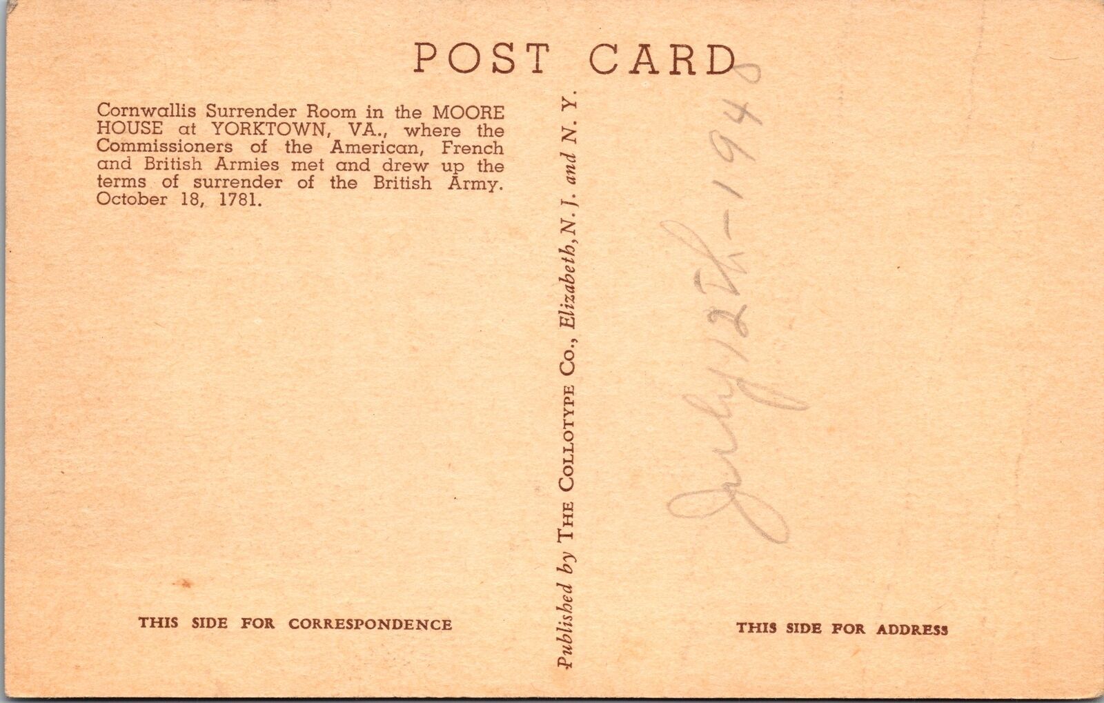 Yorktown VAVirginia, Surrender Room, Moore House, Vintage Postcard