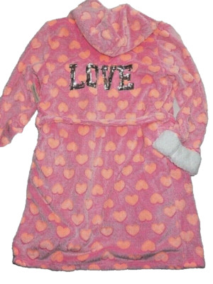 NWT Women's Pink Sequined BOBBIE BROOKS Love Short Hooded Plush Robe OSFA