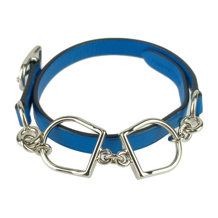 Hermes Etrier Double Tour Bracelet Blue Silver Hardware Vaux Swift Leather