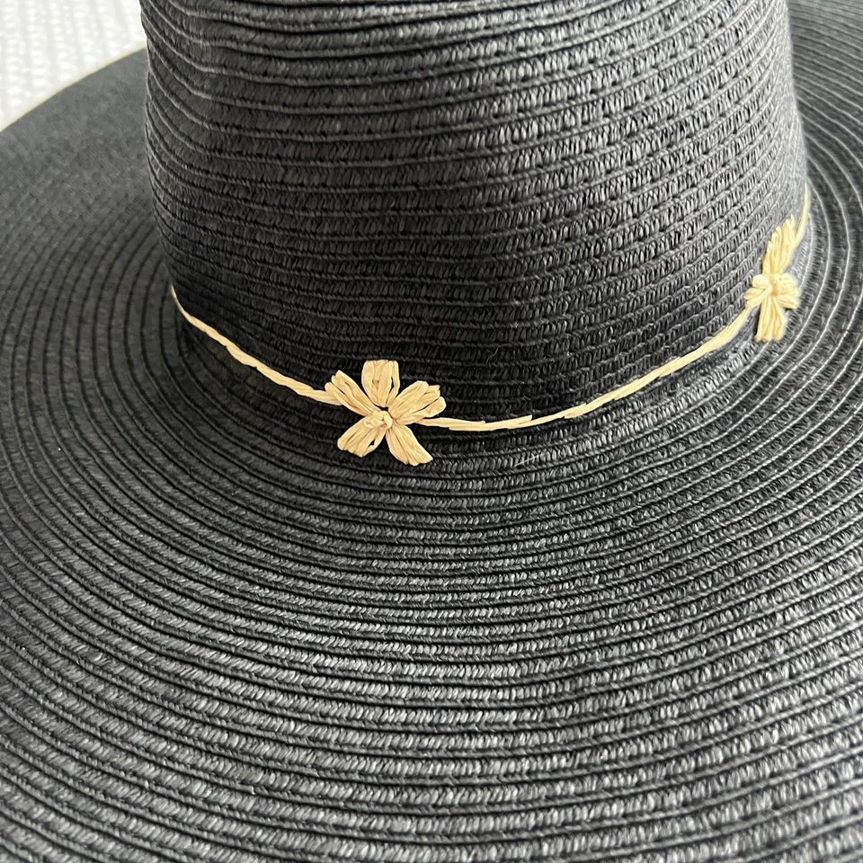 Charcoal Straw Floppy Hat One Size Dark Feminine Beach Resortwear Summer Vacay - Image 3 of 4