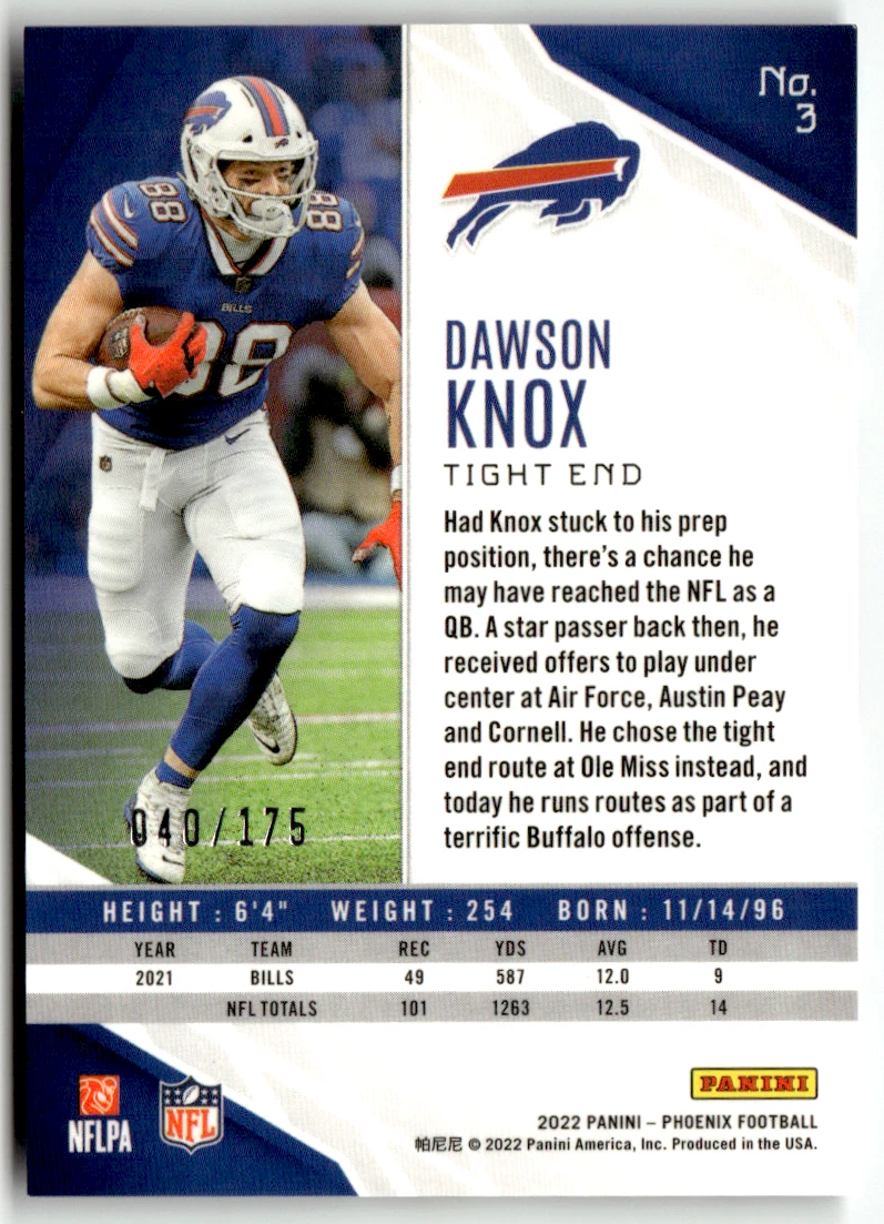Panini Phoenix NFL 2022 No. 3 Dawson Know Inferno Prizm 40/175