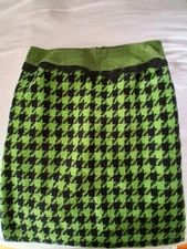 Victor Costa Sz.12 Herringbone Skirt Green And Black With Lace At Waist