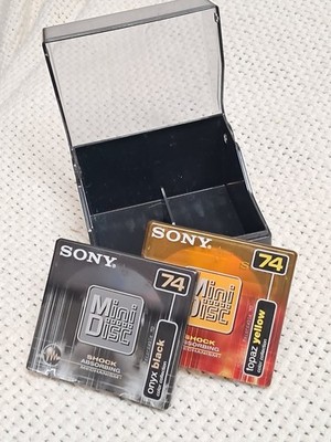 4 SONY Recordable MiniDiscs,with case Black Yellow, Sealed + 2 used gold & blue