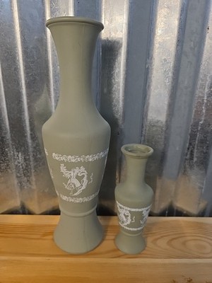 Vintage Avon Imitation Wedgwood Jasperware Sage Green Bud Vase, Large & Small