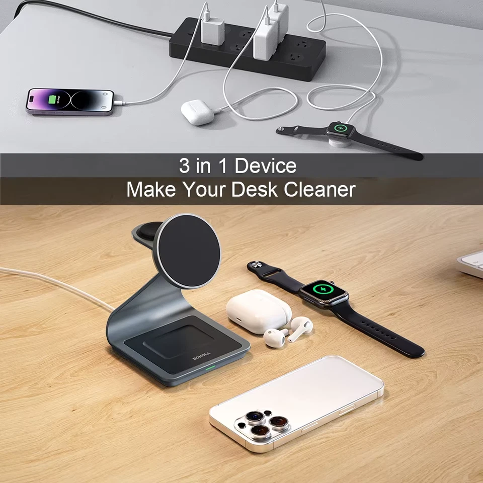 3-in-1 Magnetic Wireless Charging Stand for iPhone 12-17, Apple Watch & AirPods - Image 2 of 4