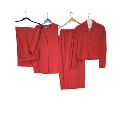 Linda Allard Ellen Tracy 4pc Silk Suit Set Red Jacket Vest Pants Skirt Womens 4