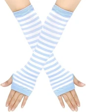 Knit Arm Warmer Thumb Hole Stretchy Gloves Women Long One Size #2 Blue White