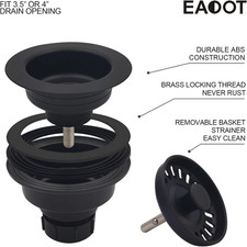 3-1/2 Inch Polymer Black Sink Drain Assembly with Basket Strainer and Stopper...