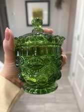 Vintage Emerald Green Pressed Glass Lidded Candy Trinket Jar or Sugar Jar 