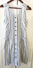 Loft White w Gray Stripes Button Front Lined Sleeveless Dress w Pockets Sz 2/XS
