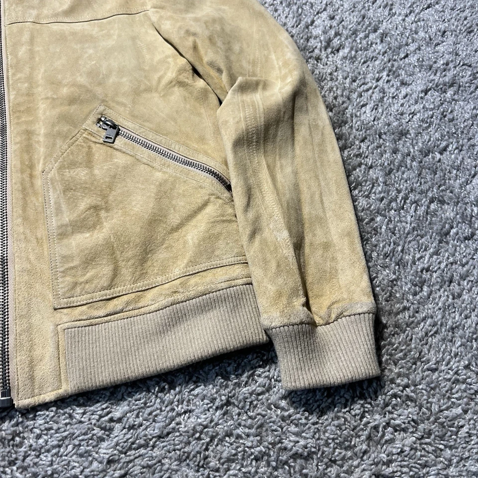 Chaqueta Bomber Guess Para Hombres Gamuza Cuero Tostado Beige XS Cremallera Completa Moto Café Racer Y2k Foto 2 de 4