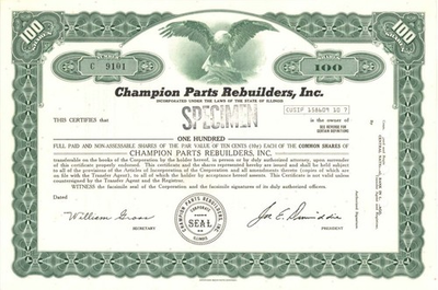 #ad #ad Champion Parts Rebuilders Inc. Specimen Stock Certificate Specimen Stocks $41.00