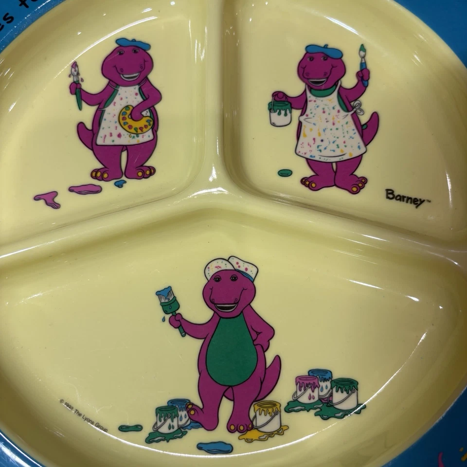 Juego de vajilla de melamina vintage Barney The Purple Dinosaur Kids 2 piezas 1992 Foto 4 de 4