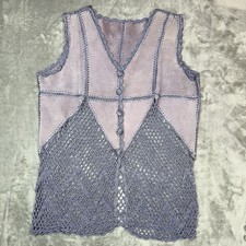 Vintage SUEDE Crochet Vest Lavender Lace Patches Womens Large Button Boho Hippie
