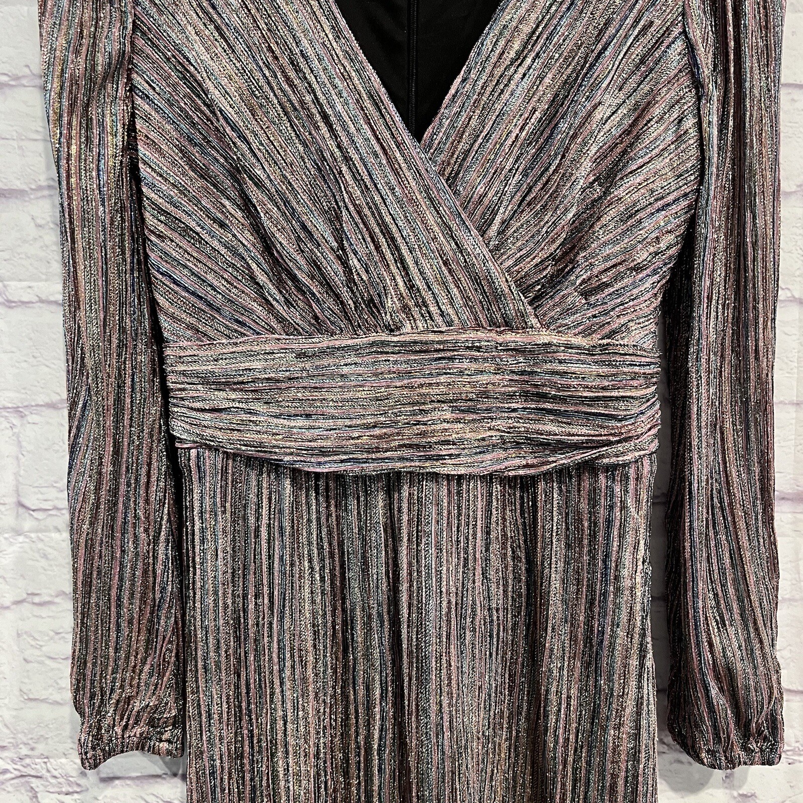Julia Jordan Multi Colored Shimmery Stripe Metallic Long Sleeve Faux Wrap Dress thumbnail 7