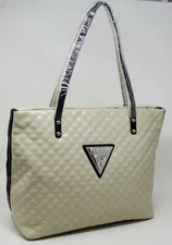 NEW (flaw) GUESS Stone White Black Patent Quilted Tote Bag Shopper Bag Handbag