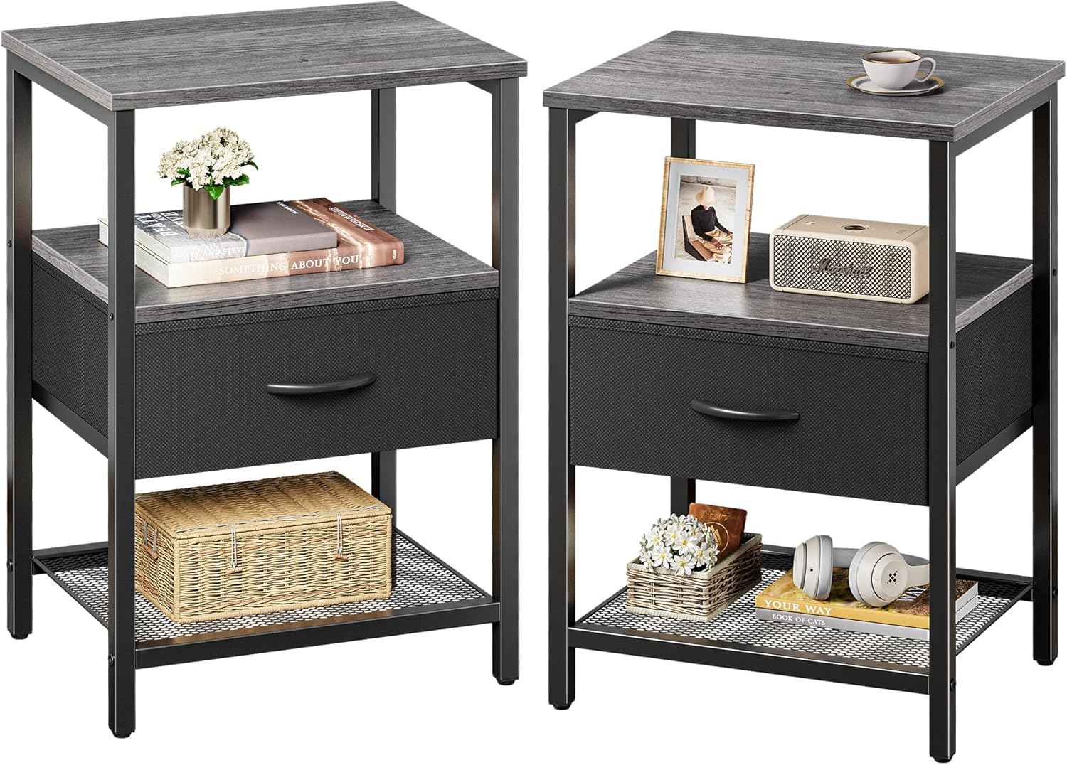 Modern Nightstand Set of 2 with Fabric Drawer & Mesh Shelf - Stylish Bedside Side Tables