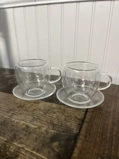 set of 2 Double Wall Glass Insulated Tea Cup Saucers Coffee Espresso 2 Oz