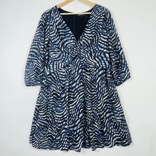 eShakti Blue Grey Stripe 3/4 Sleeve Twist Front Chiffon Custom Dress Women 14 16