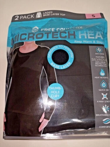 NEW Free Country Mircotech Heat 2 Pack Ladies Base Layer Tops Black Medium