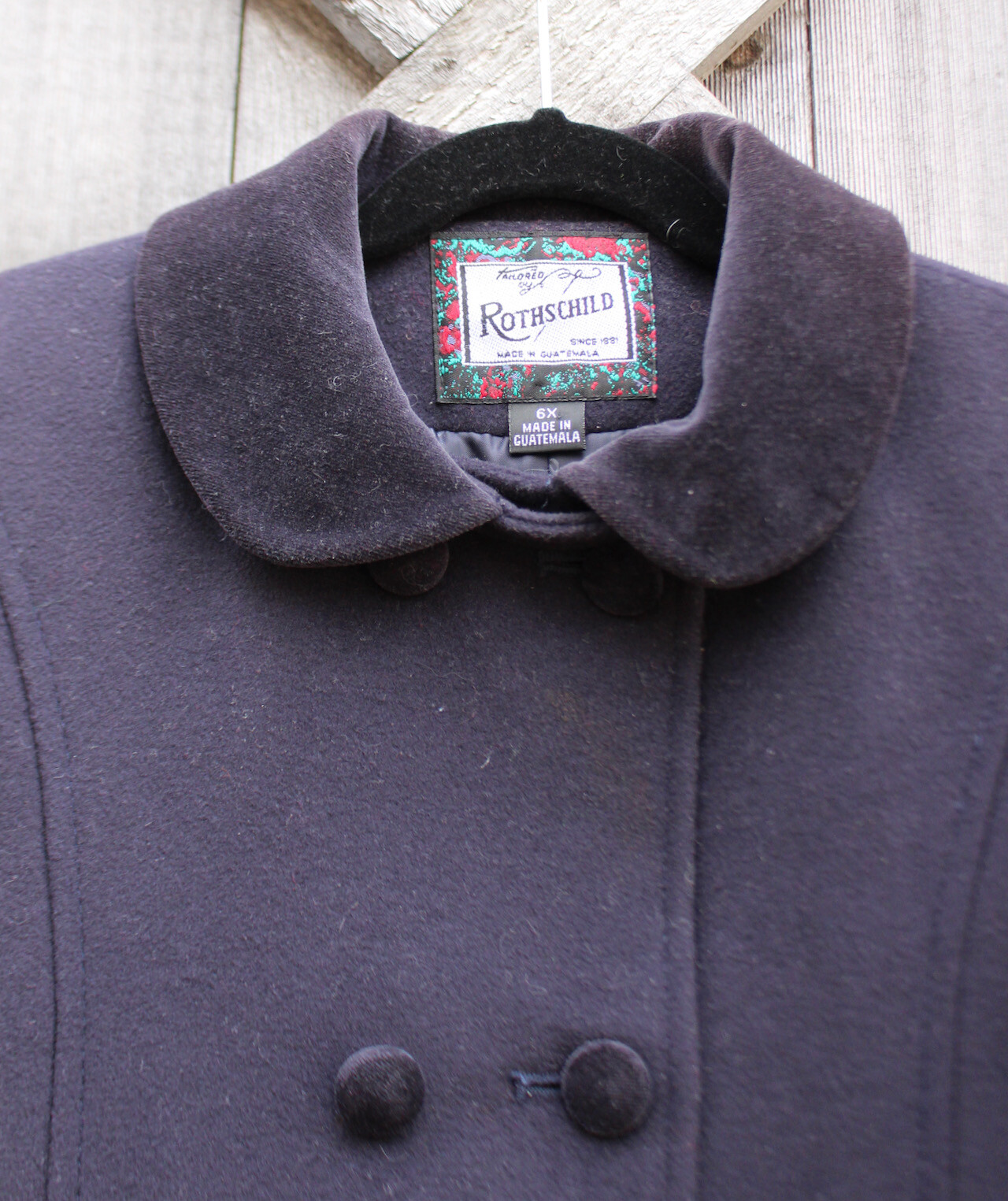 Vintage Girls Classic Rothschild Navy Blue & Velvet Wool Winter Coat Size 6X