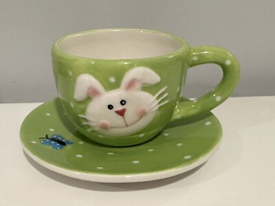 Burton + Burton Benjy Bunny  Teacup & Saucer Pastel Dots Butterfly 2007 Easter