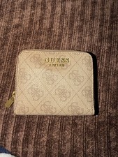 GUESS Women's Logo Pattern Zip-Around Wallet Beige Credit Card Slots