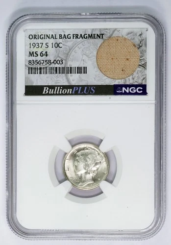 1937 S Mercury Dime NGC MS 64 Silver 10C Coin U.S. Mint Original Bag Fragment